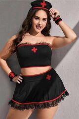 Scarlest Siyah Süprem Penye ve Dantelli Şık Hemşire Kostümü