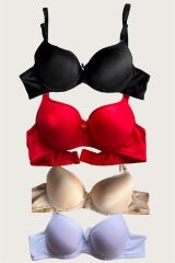 Scarlest Siyah-Beyaz-Kırmızı-Ten 4'lü Dolgulu Push Up Micro Balenli Günlük Tek Destekli Sütyen
