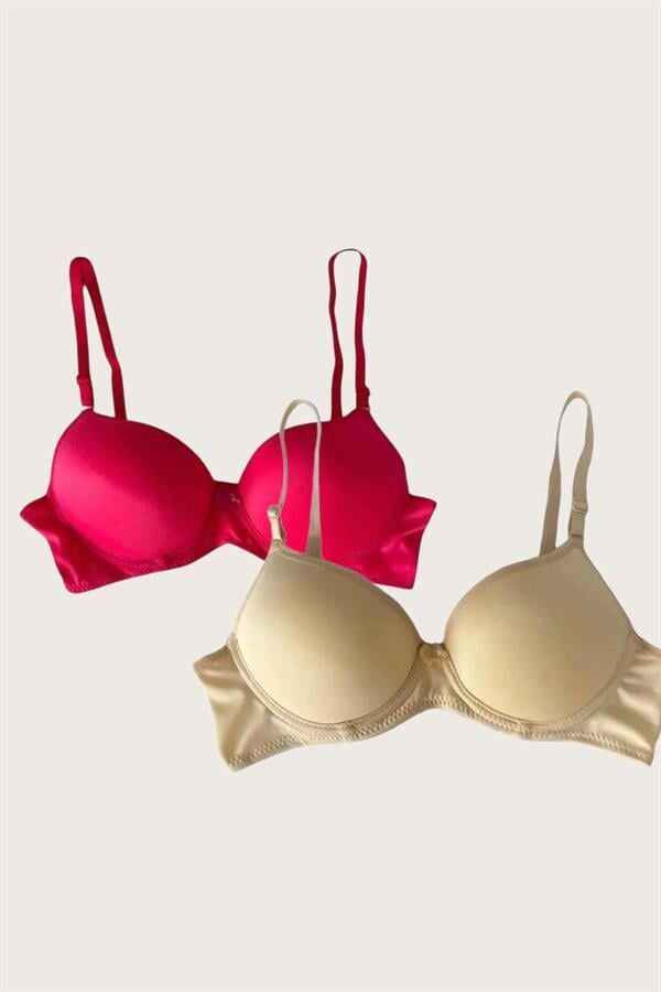 Scarlest Kırmızı-Ten 2'li Mikro Kumaş İçi Boş Balenli Günlük Desteksiz Sütyen
