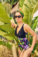 Scarlest Büyük Beden Siyah Çiçek Desenli Drapeli Mayo