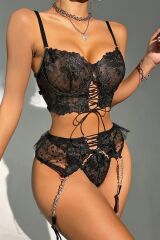 Scarlest Büstiyerli Dantel Fantezi Siyah Jartiyer Takımı