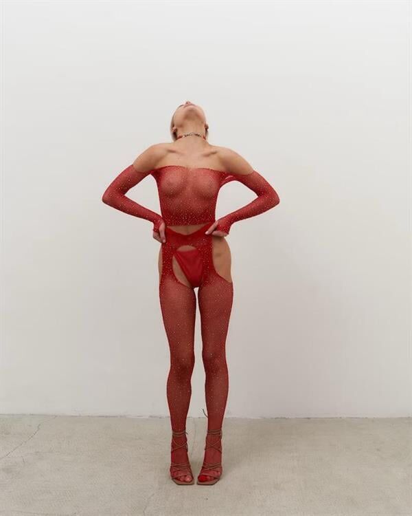 Scarlest Özel Bölgesi Açık Kırmızı Taşlı Fantezi Vücut Çorabı