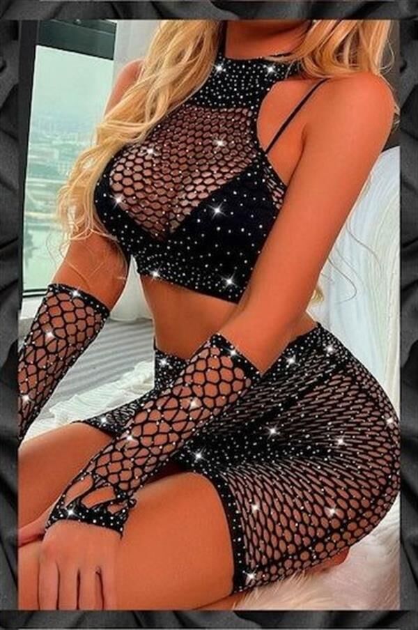 Scarlest Özel Tasarım Siyah Taşlı Fantezi Alt Üst Vücut Çorabı