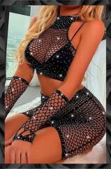 Scarlest Özel Tasarım Siyah Taşlı Fantezi Alt Üst Vücut Çorabı