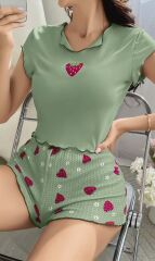 Scarlest Yeşil Çilek Desenli Askılı Şortlu Pijama Takım