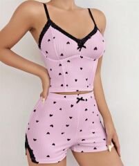 Scarlest Pembe Kalp Desenli Askılı Şortlu Pijama Takım