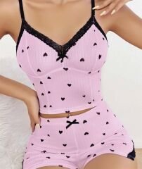 Scarlest Pembe Kalp Desenli Askılı Şortlu Pijama Takım