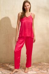 Saten Çiçek Baskılı Sabahlık Dantelli Atlet ve Pantolon Pijama 3'lü Takım