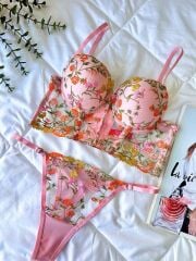 Scarlest Özel Tasarım Pembe Dantel İşlemeli Çiçek Desenli Destekli Bralet Takımı