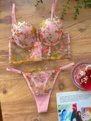 Scarlest Özel Tasarım Pembe Dantel İşlemeli Çiçek Desenli Destekli Bralet Takımı