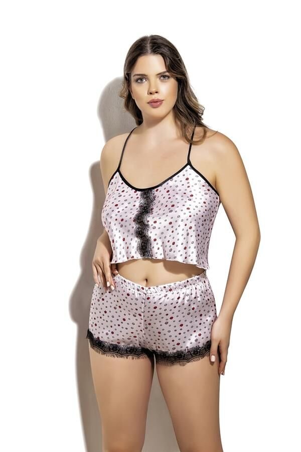 Scarlest Öpücük Desenli Fantezi Büyük Beden Şortlu Saten Takım