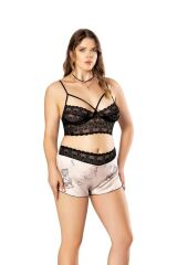 Scarlest Büyük Beden Altı Şirin Desenli Üstü Dantel Fantezi Şortlu Saten Gecelik