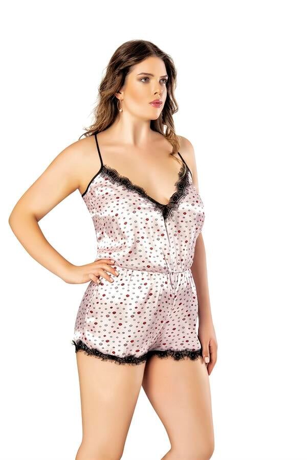 Scarlest Öpücük Desenli Dantel İşlemeli Fantezi Büyük Beden Saten Babydoll Gecelik