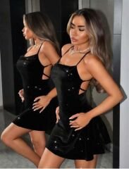Scarlest Siyah Sırt Dekolteli Simli Fantezi Mini Club Elbisesi