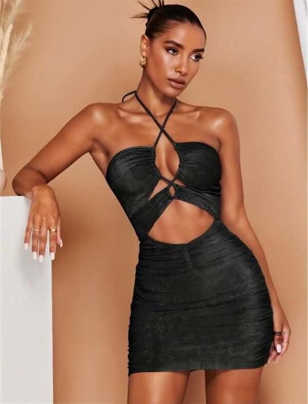 Scarlest Siyah Simli Boyundan Bağlamalı Göğüs Dekolteli Mini Club Elbisesi