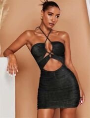 Scarlest Siyah Simli Boyundan Bağlamalı Göğüs Dekolteli Mini Club Elbisesi