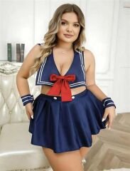 Scarlest Büyük Beden Lacivert Büstiyerli Kurdela Detaylı Mini Etekli Fantezi Denizci Kostümü