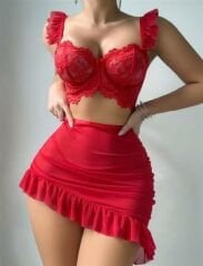 Scarlest Kırmızı Transparan Fantezi Etekli Fırfırlı Sütyen Takım