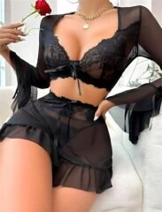 Scarlest Siyah Dantelli Etekli Fantezi Tül Bolero Sütyen Takım