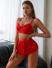 Scarlest Kırmızı Tül Fırfırlı Etekli Sütyen Takım