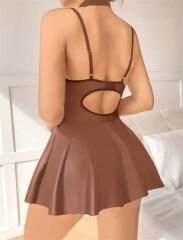 Scarlest Kahverengi Etekli Pileli Fantezi Deri Elbise