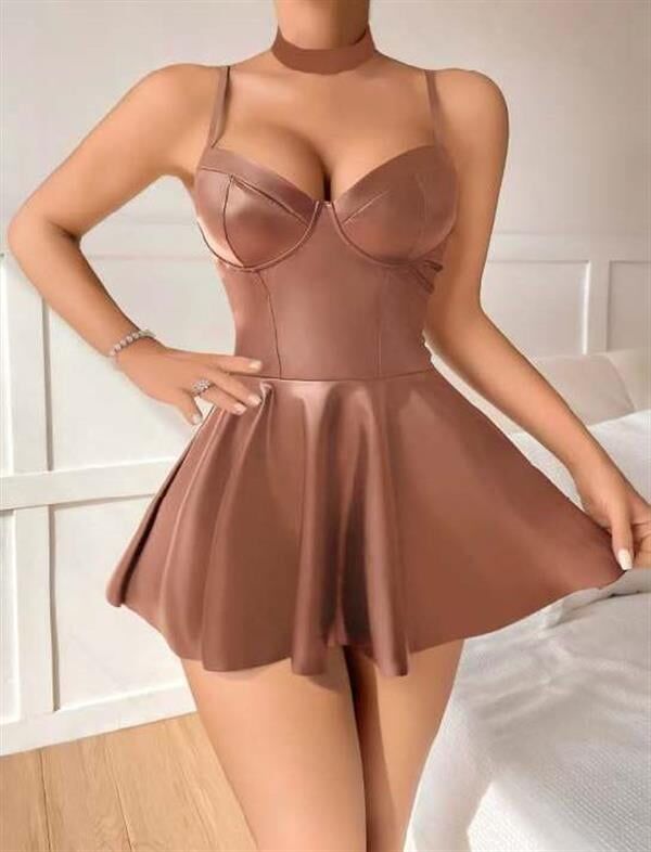 Scarlest Kahverengi Etekli Pileli Fantezi Deri Elbise