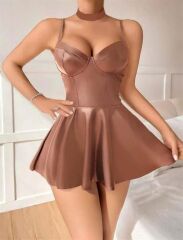 Scarlest Kahverengi Etekli Pileli Fantezi Deri Elbise