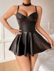 Scarlest Siyah Etekli Pileli Fantezi Deri Elbise