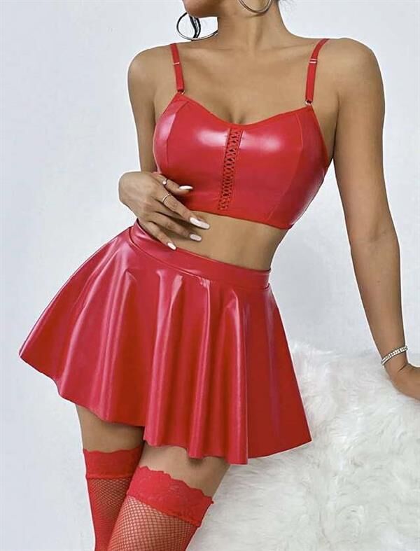 Scarlest Kırmızı Etekli Fantezi Deri Şık Elbise