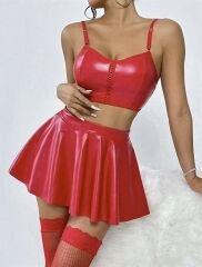 Scarlest Kırmızı Etekli Fantezi Deri Şık Elbise