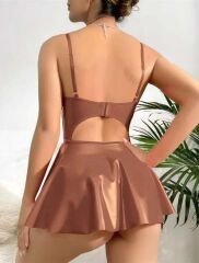 Scarlest Kahverengi Parlak Lame Fantezi Deri Elbise