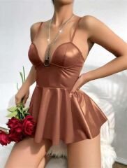 Scarlest Kahverengi Parlak Lame Fantezi Deri Elbise