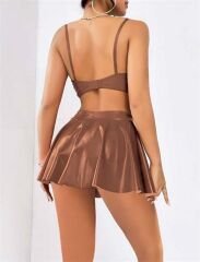 Scarlest Kahverengi Etekli Fantezi Deri Şık Elbise