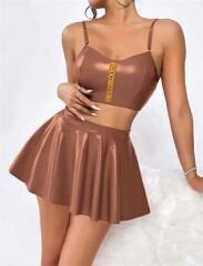 Scarlest Kahverengi Etekli Fantezi Deri Şık Elbise