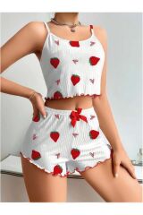 Scarlest Penye Kumaş Çilek Desen Beyaz Şortlu Takım