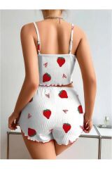 Scarlest Penye Kumaş Çilek Desen Beyaz Şortlu Takım