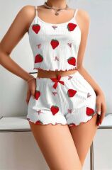 Scarlest Penye Kumaş Çilek Desen Beyaz Şortlu Takım