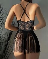 Scarlest Siyah Püsküllü Dantel Detaylı Fantezi Gecelik