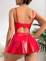 Scarlest Kırmızı Parlak Lame Fantezi Deri Elbise