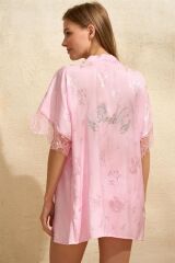 Scarlest Saten Bride Baskılı Dantelli Sabahlık Balensiz Desteksiz Dolgusuz Bralet Sütyen ve Şort 3'lü Takım