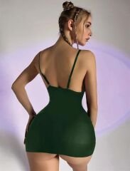 Scarlest Yeşil Göğüs Dekolteli Fantezi Lame Deri Elbise