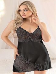 Scarlest Siyah Dantel İşlemeli İnce Askılı Saten Kısa Fantezi Gecelik