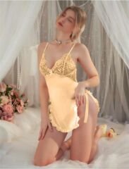 Scarlest Sarı Dantel Detaylı İnce Askılı Saten Kısa Fantezi Gecelik