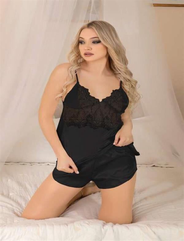 Scarlest Siyah Dantel İşlemeli İnce Askılı Saten Şortlu Takım