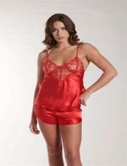 Scarlest Kırmızı Dantel Detaylı İnce Askılı Saten Şortlu Takım