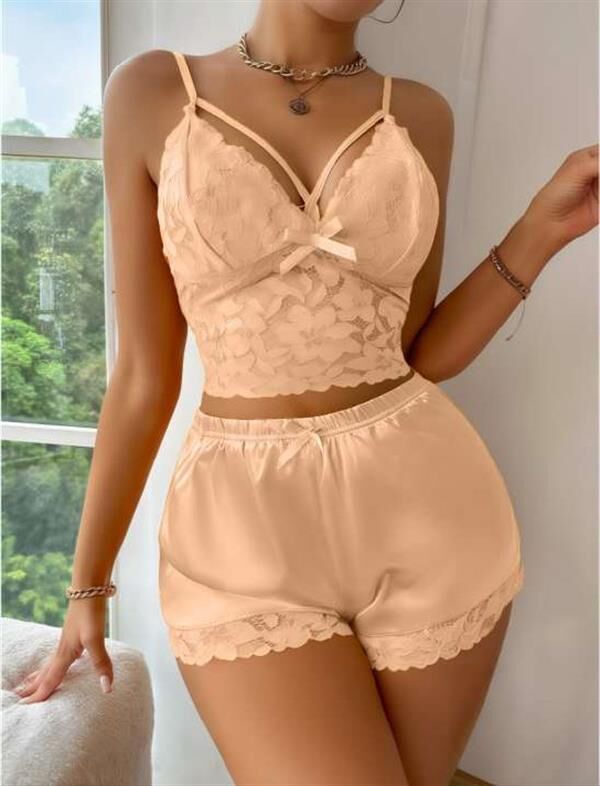 Scarlest Sarı Dantelli Büstiyer İnce Askılı Saten Şortlu Takım