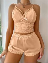 Scarlest Sarı Dantelli Büstiyer İnce Askılı Saten Şortlu Takım