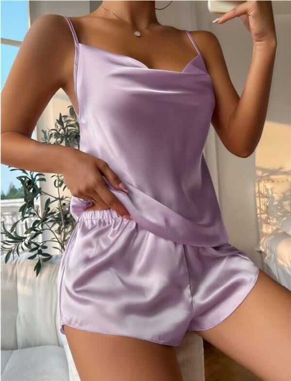 Scarlest Lila İnce Askılı Saten Şortlu Takım