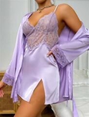 Scarlest Dantel İşlemeli İnce Askılı Mavi Saten 2'li Gecelik Sabahlık Takımı