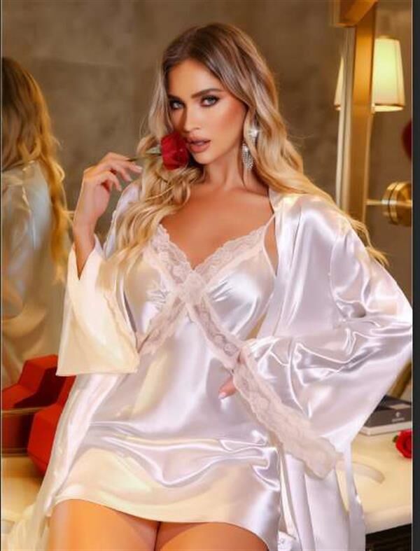 Scarlest Beyaz Dantel İşlemeli İnce Askılı Saten 2'li Gecelik Sabahlık Takımı